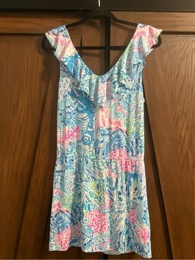 Lilly Pulitzer Alessa Romper Sink or Swim Print Sz M Blue Pink Ruffle